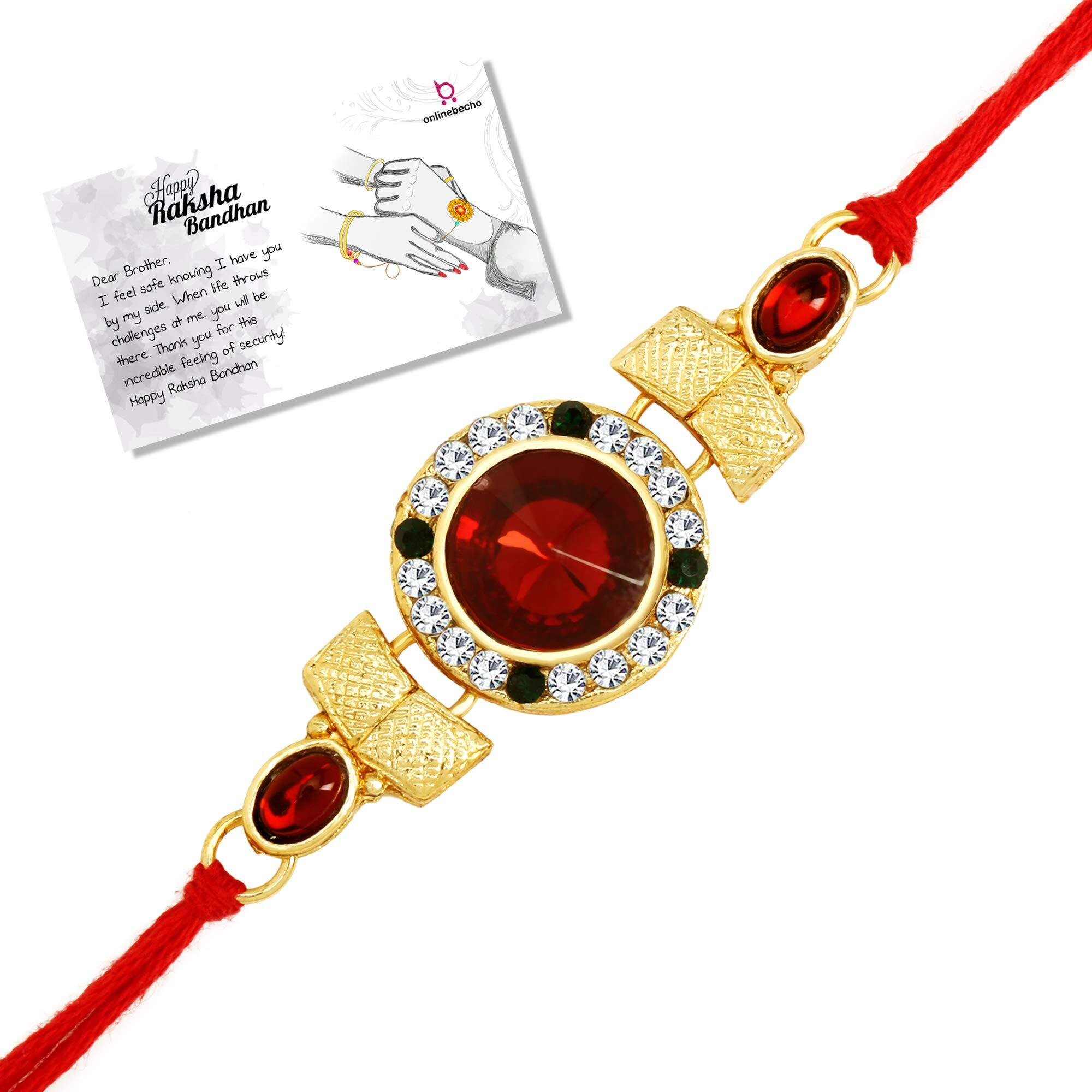 LIVE EVIL Beautiful Gold plated Stone Work Rakhi for Brother Sister with Raksha Bandhan Greeting Card having Traditional Ethnic Unique Design Specially Hand Made by Indian Craftsman For Men