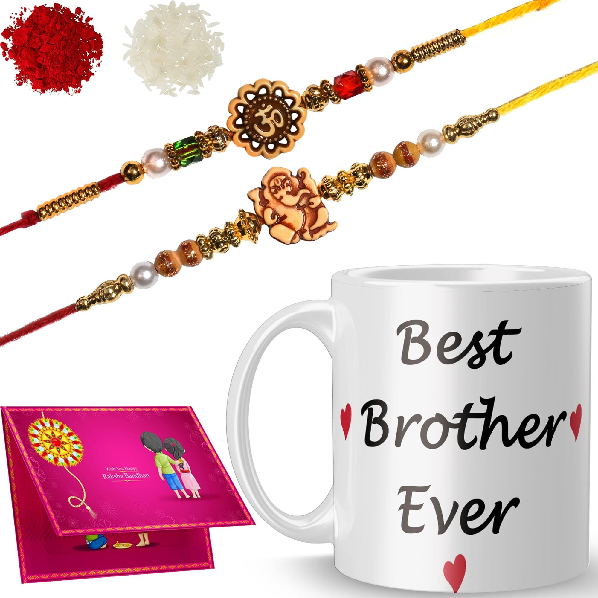 Sahu Kraft Gifts Happy Rakshabandhan Printed Mug with (2 Dora Rakhi, Roli Chawal, Card) Brother Sister, Raksha Bandhan Gifts Rakhi Mug (D42-D37) Ceramic Coffee Mug 325ml