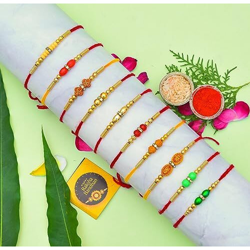 Rajkriti Combo of 10 Dora Rakhi Set for Brother, Bhaiya, Bhabhi with Roli Chawal & Greeting Card | Premium Rakhi Hamper