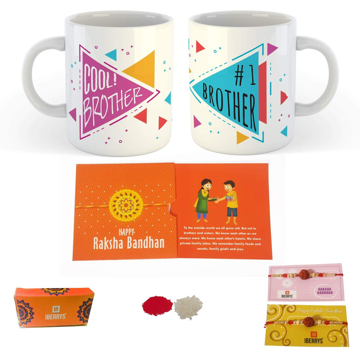 iberrys Set of 2 Rudraksh Rakhi, Greeting Card , Roli Chawal & Coffee Mug for Brother | Rakhi for Brother- with a Branded Packaging Box