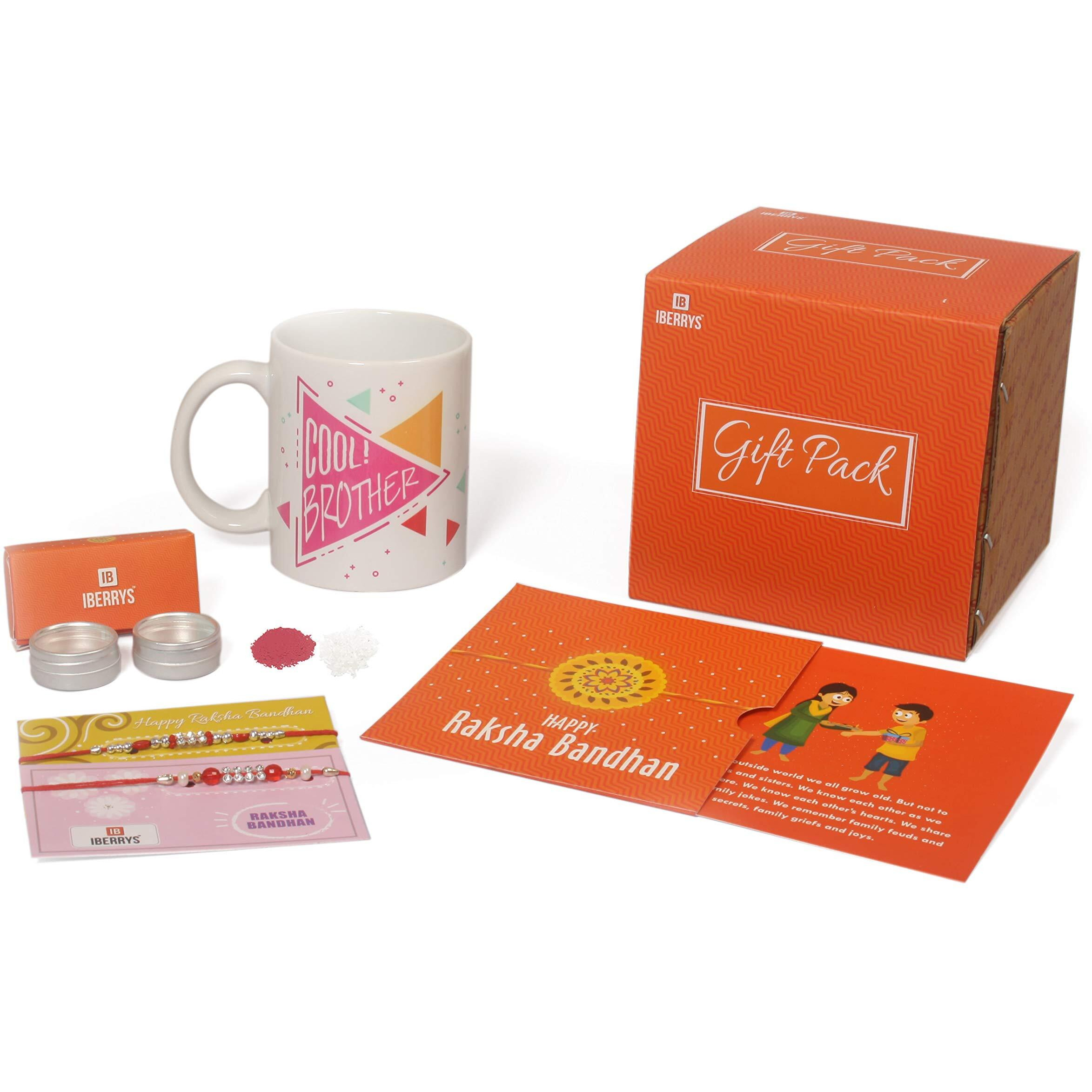 iberrys Set of 2 Rudraksh Rakhi, Greeting Card , Roli Chawal & Coffee Mug for Brother | Rakhi for Brother- with a Branded Packaging Box