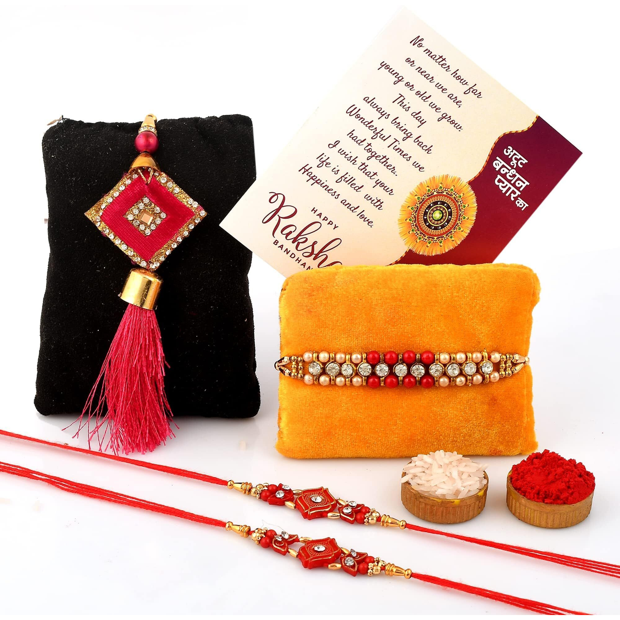 Craftam Rakhi Gifts for Brother Combo Set- 4 Rakhi Set(for Bhaiya, Bhabi and 2 Children) Krishna Idol, Raksha Bandhan Greeting, Roli Rice Pack