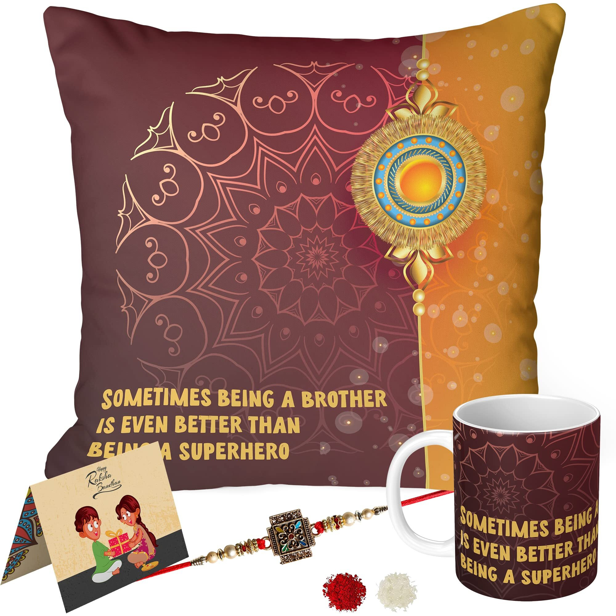 Rakhi for Brother Combo Pack of 6, Set of Rakhi, Printed Ceramic Mug, 16X16 Cushion Cover, Cotton Filled Cushion, Greeting Card & Tilak, Rakhi with Gift Hamper, Brown