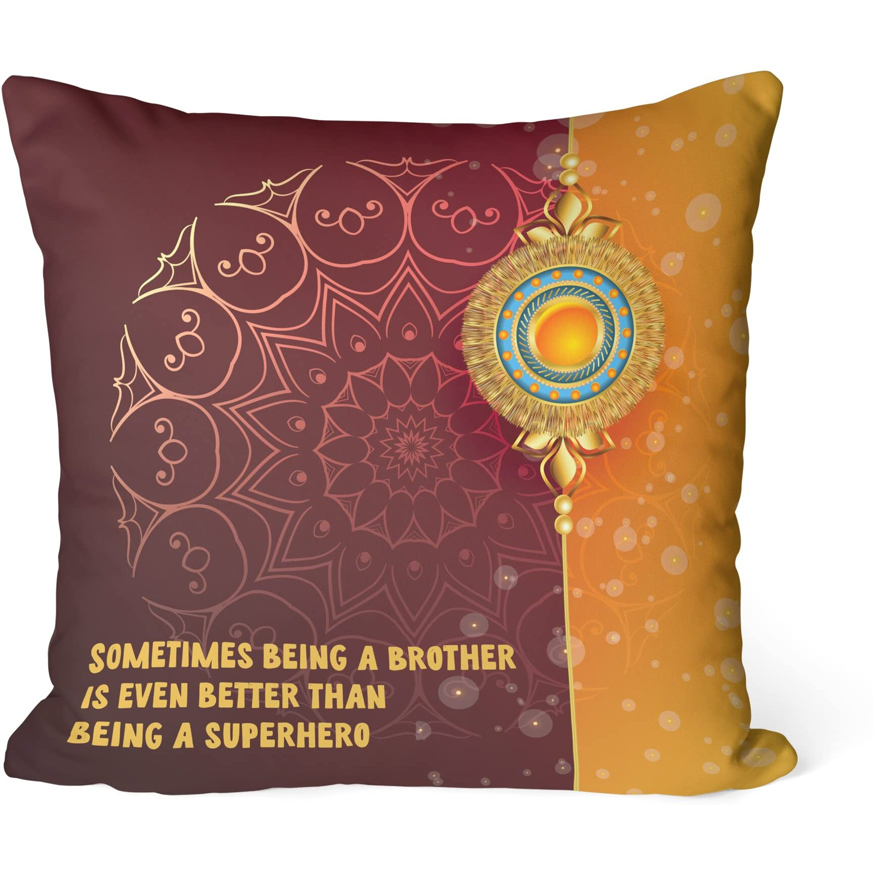 Rakhi for Brother Combo Pack of 6, Set of Rakhi, Printed Ceramic Mug, 16X16 Cushion Cover, Cotton Filled Cushion, Greeting Card & Tilak, Rakhi with Gift Hamper, Brown