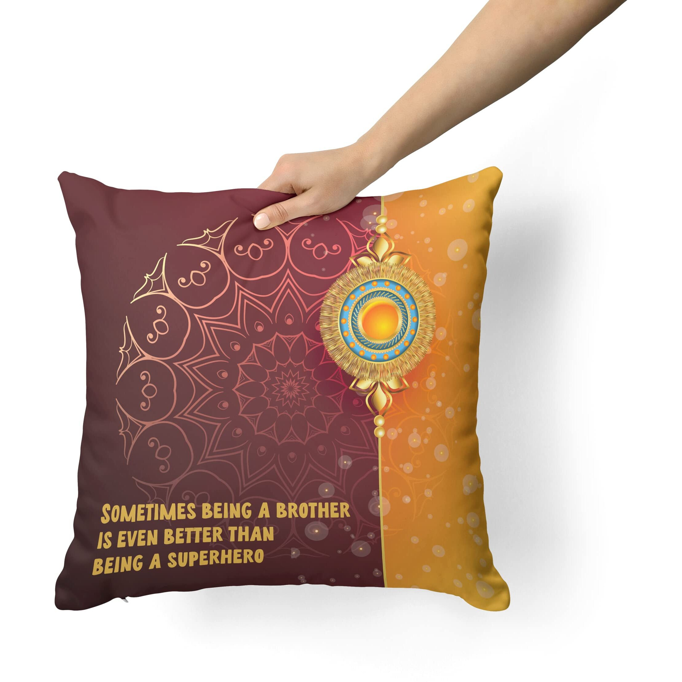 Rakhi for Brother Combo Pack of 6, Set of Rakhi, Printed Ceramic Mug, 16X16 Cushion Cover, Cotton Filled Cushion, Greeting Card & Tilak, Rakhi with Gift Hamper, Brown