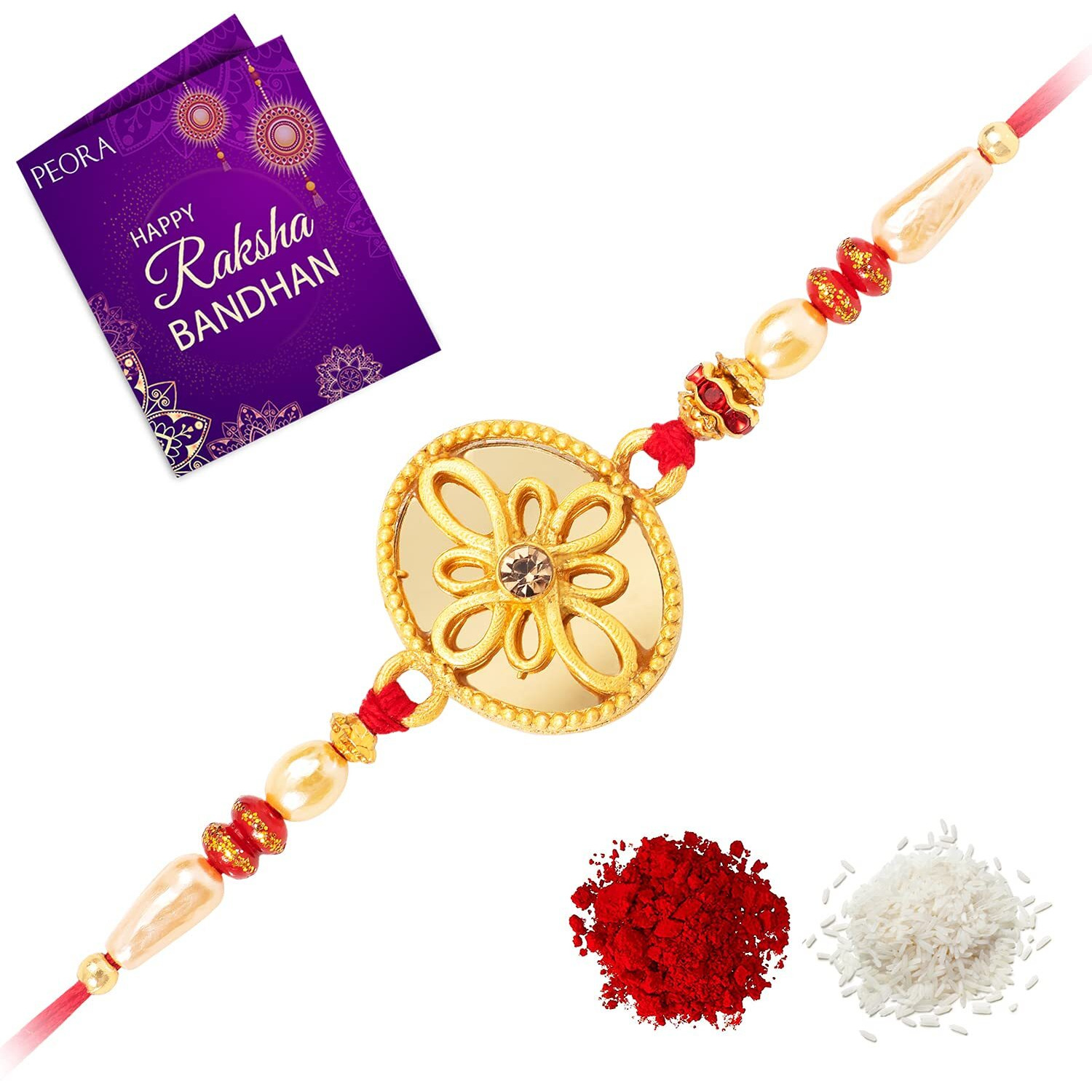 Peora Elegant Gold Rakhi for Brother with Raksha Bandhan Greeting Card & Roli Chawal For Men