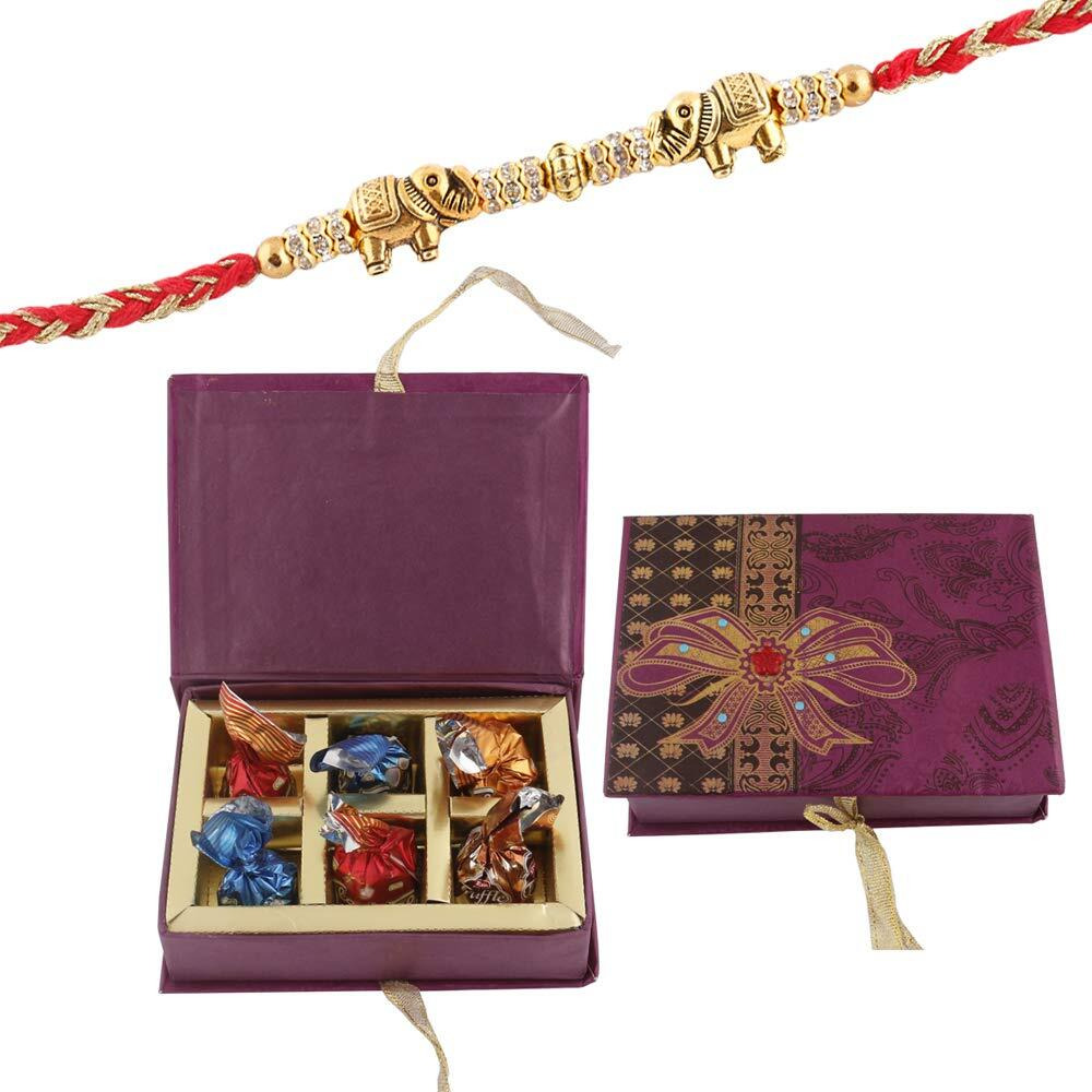 SFU E Com Premium Elephant Rakhi with 6 Pieces Chocolate Box | Rakhi with Chocolate Hamper | Premium Rakhi Chocolate Hamper | Roli, Chawal, Chandan, Misri | 4