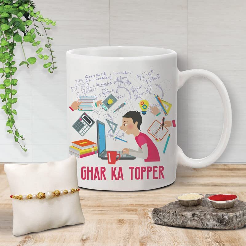 The Purple Tree Ghar Ka Topper Rakhi Gift for Brother with Mug and Card Hamper, Rakhi Gift Hamper (1 Rakhi, Mug, Roli Chawal, Greeting Card), Rakhi Gift for Brother, Rakhi for Bhai