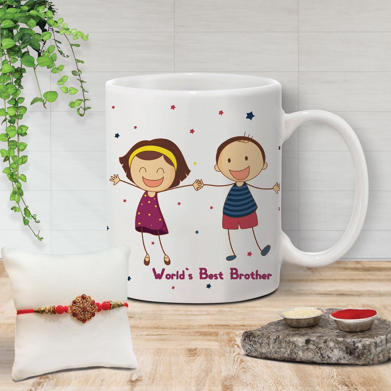 The Purple Tree Rakhi for Brother with Mug and Card Hamper, Rakhi Gift Hamper (1 Rakhi, Mug, Roli Chawal, Greeting Card), Rakhi Gift for Brother, Rakhi for Bhai, Rakhi Mug Gift, M3