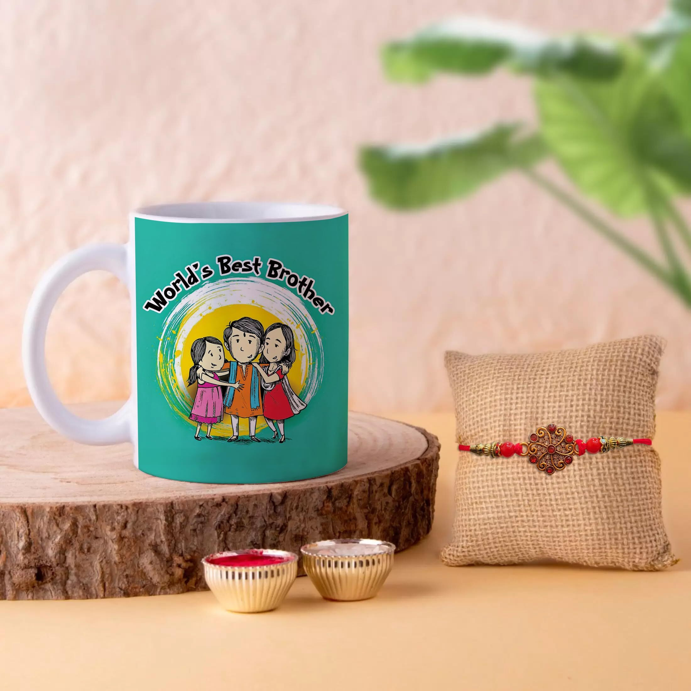 The Purple Tree Rakhi for Brother with Mug and Card Hamper, Rakhi Gift Hamper (1 Rakhi, Mug, Roli Chawal, Greeting Card), Rakhi Gift for Brother, Rakhi for Bhai, Rakhi Mug Gift MR1