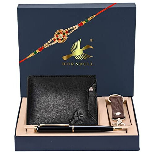 HORNBULL Black Mens Leather Wallet, Keyring, Rakhi & Pen Combo Gift Set for Men | Wallet Men Leather Branded | Rakhi Gift Hamper