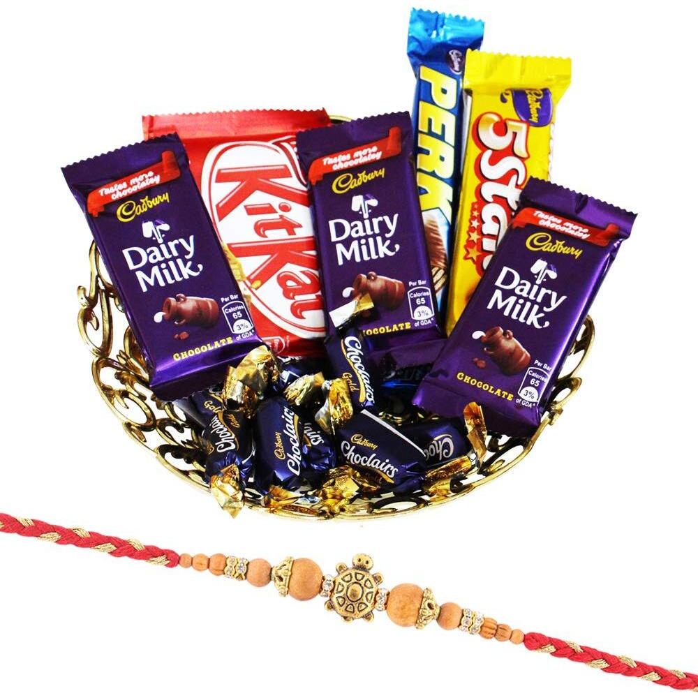 SFU E Com Tortoise Rakhi with Chocolates Gift for Brother, Premium Basket Hamper, Roli, Chawal, Chandan, Misri, 1421