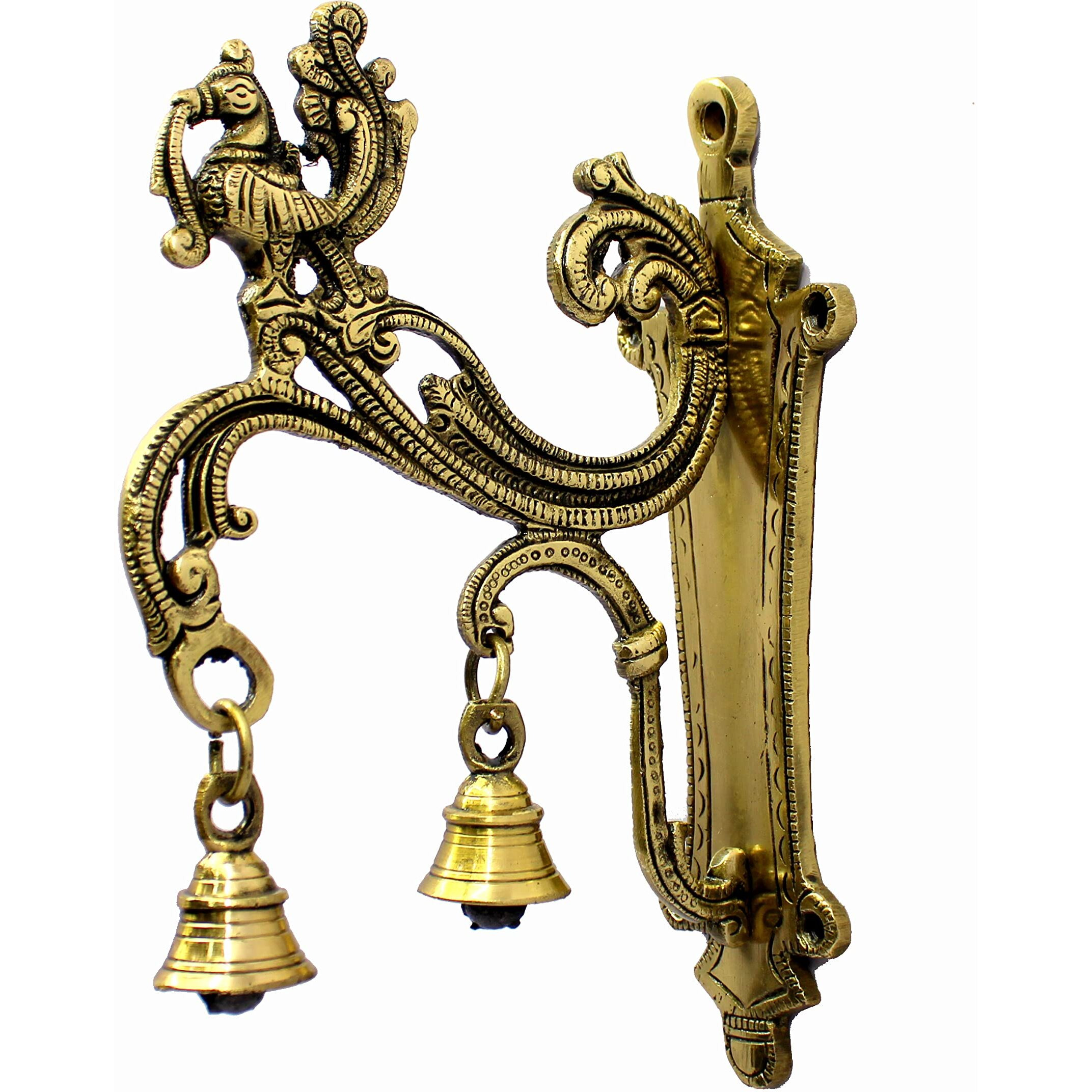 ESPLANADE Brass Wall Bracket Wall Hanger for Hanging Diya Lamp | Wall Decor | Peacock with Bells - 8.5 Inches