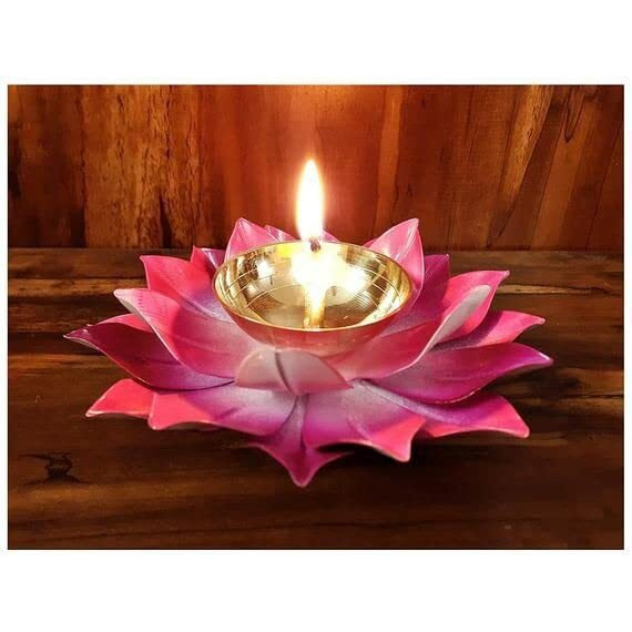 CORALTREE metal Akhand Diya 6 pooja diya, Deepak Lotus Oil lamp Colorful Kamal Design for Diwali ganesh any home pooja (Red)