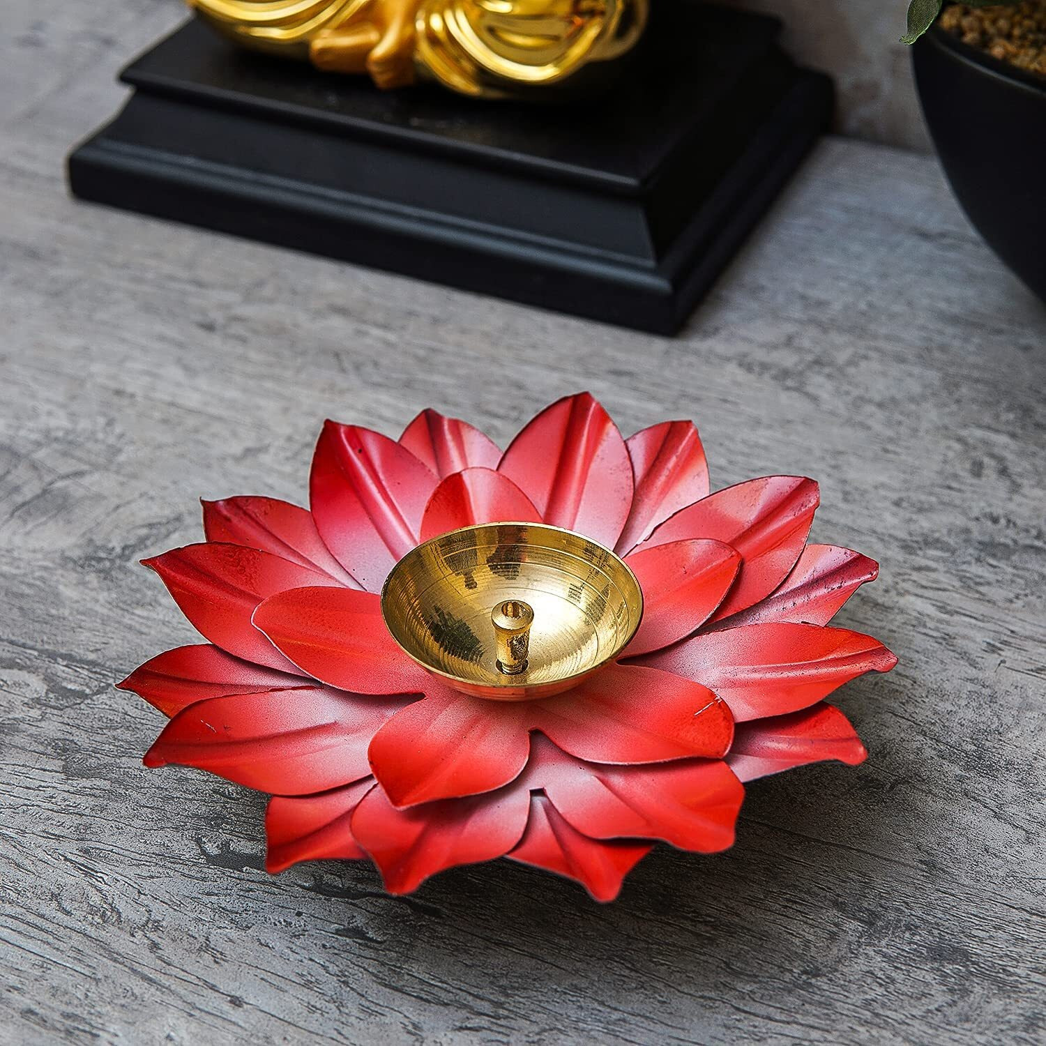 CORALTREE metal Akhand Diya 6 pooja diya, Deepak Lotus Oil lamp Colorful Kamal Design for Diwali ganesh any home pooja (Red)