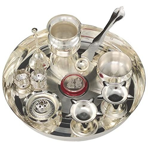 NOBILITY Pooja thali Set Silver Plated with 8 Inch Plate Bowl Agarbatti Stand Palli Kalash Diya Kumkum Holder Coin Puja Thali for Home Mandir Office Wedding Return Diwali Gift Items