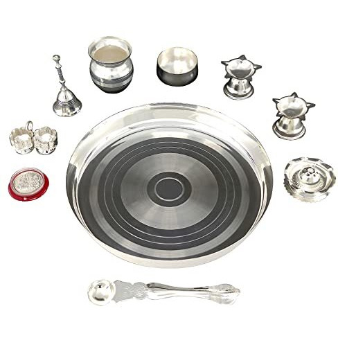 NOBILITY Pooja thali Set Silver Plated with 8 Inch Plate Bowl Agarbatti Stand Palli Kalash Diya Kumkum Holder Coin Puja Thali for Home Mandir Office Wedding Return Diwali Gift Items