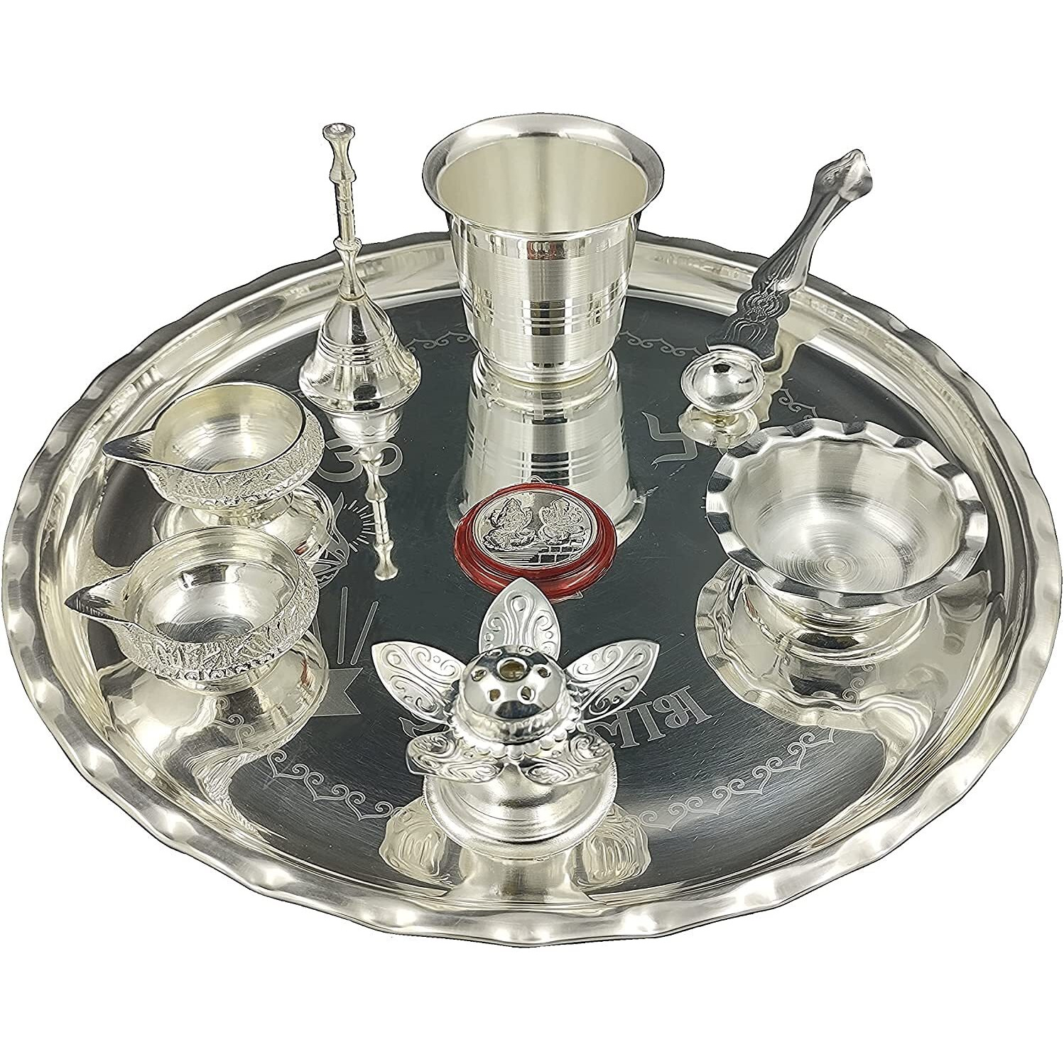 BENGALEN Diwali Gift Pooja Thali Set Silver Plated 9.5 Inch with Coin Kuber Diya Dhup Dani Bowl Spoon Glass Ghanti for Puja Diwali Home Decor Temple Office Wedding Return Gift Items