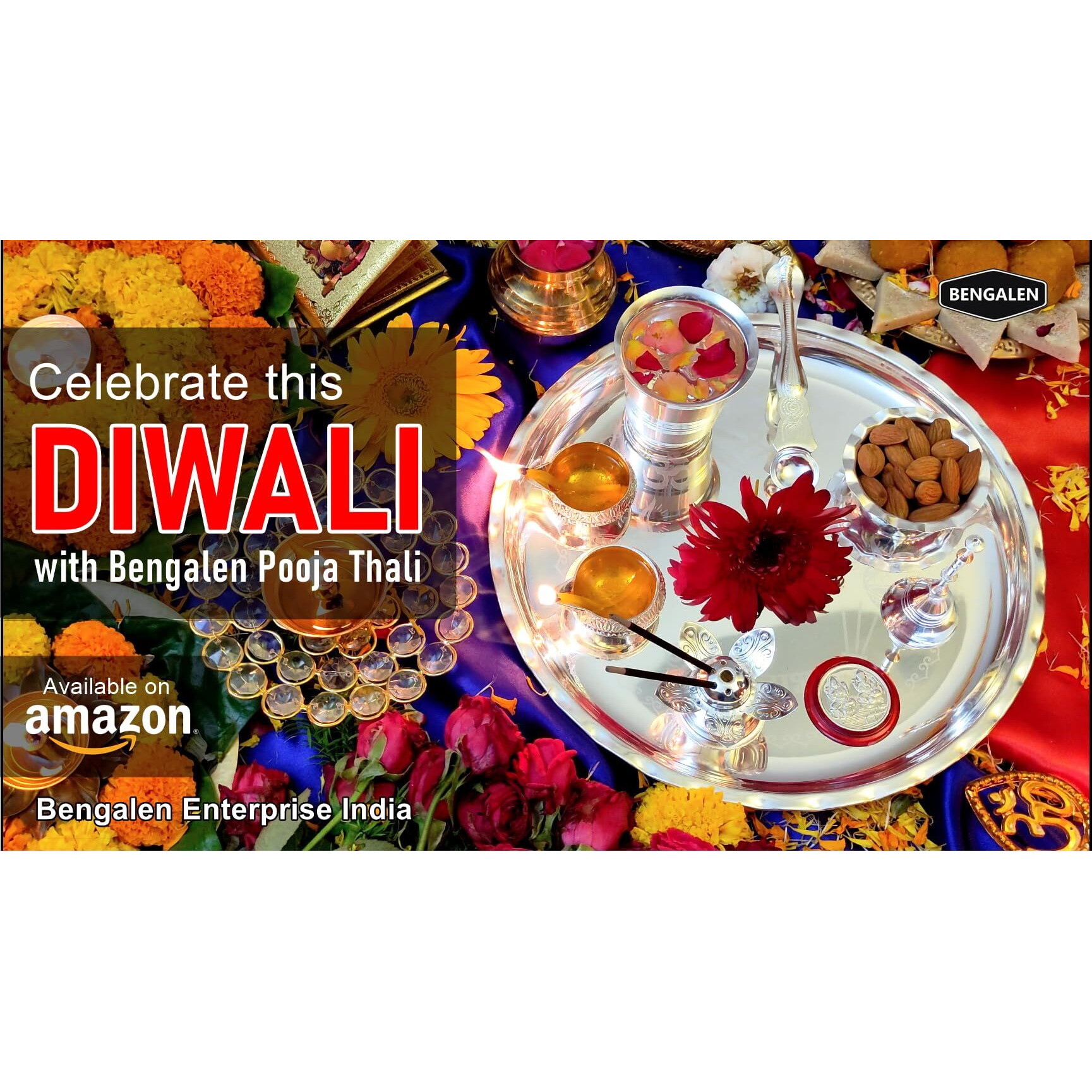 BENGALEN Diwali Gift Pooja Thali Set Silver Plated 9.5 Inch with Coin Kuber Diya Dhup Dani Bowl Spoon Glass Ghanti for Puja Diwali Home Decor Temple Office Wedding Return Gift Items