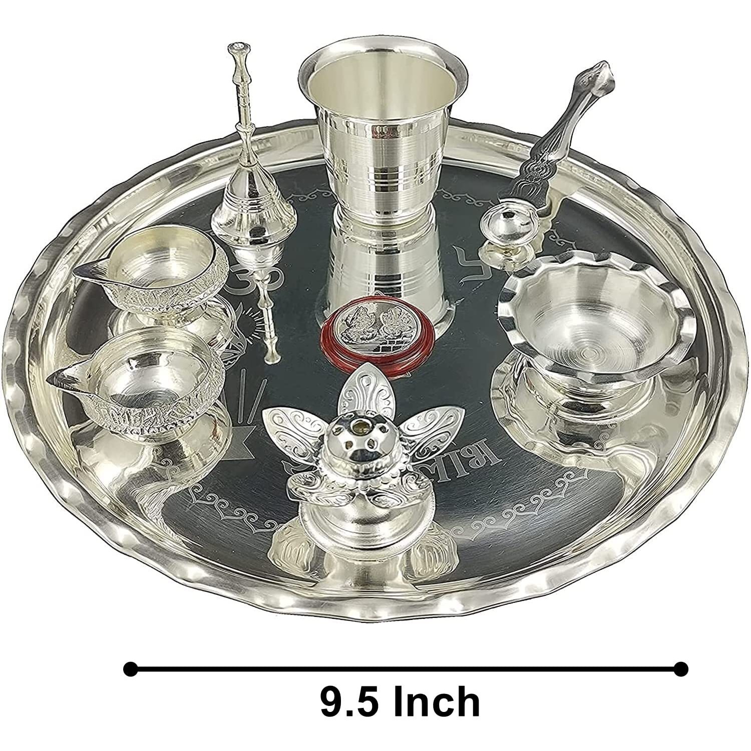 BENGALEN Diwali Gift Pooja Thali Set Silver Plated 9.5 Inch with Coin Kuber Diya Dhup Dani Bowl Spoon Glass Ghanti for Puja Diwali Home Decor Temple Office Wedding Return Gift Items