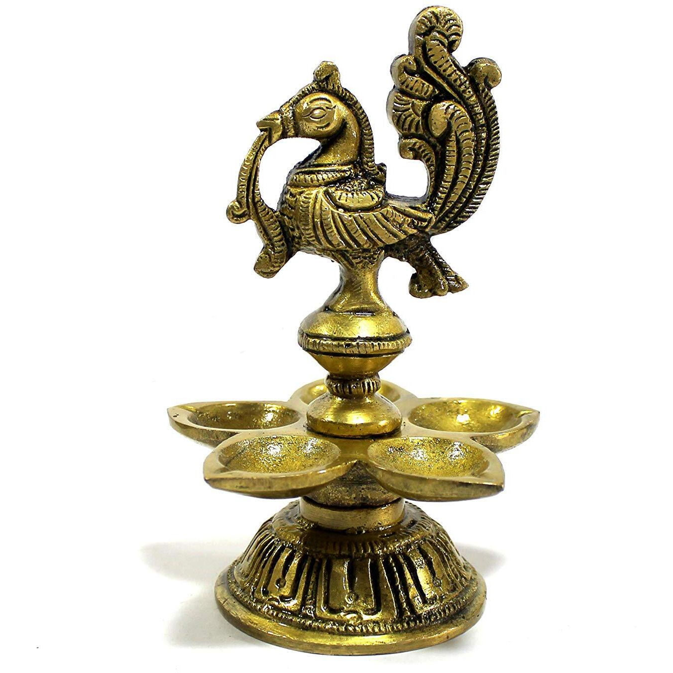 eSplanade - Lotus Shaped Peacock Brass Diya | 5 Oil Wick Diya Deepam Kuthu Vilakku Deepak Oil Lamp for Home and Office | Home Decor | Pooja Articles - 5 Inches