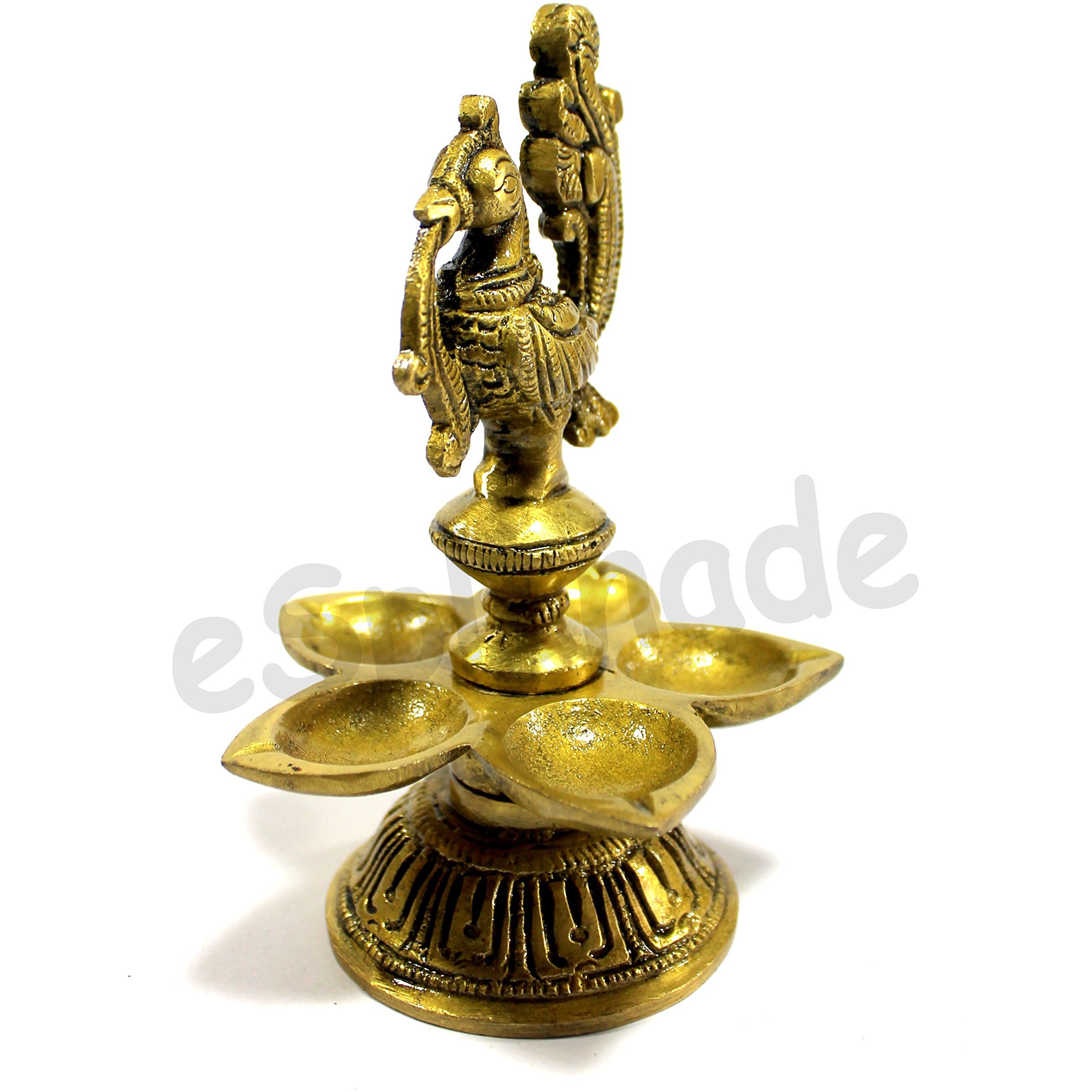 eSplanade - Lotus Shaped Peacock Brass Diya | 5 Oil Wick Diya Deepam Kuthu Vilakku Deepak Oil Lamp for Home and Office | Home Decor | Pooja Articles - 5 Inches