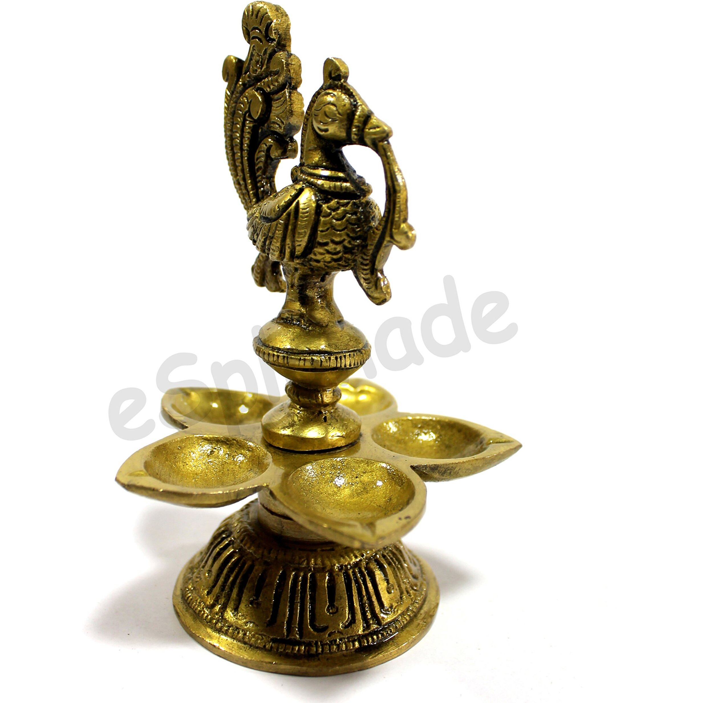 eSplanade - Lotus Shaped Peacock Brass Diya | 5 Oil Wick Diya Deepam Kuthu Vilakku Deepak Oil Lamp for Home and Office | Home Decor | Pooja Articles - 5 Inches