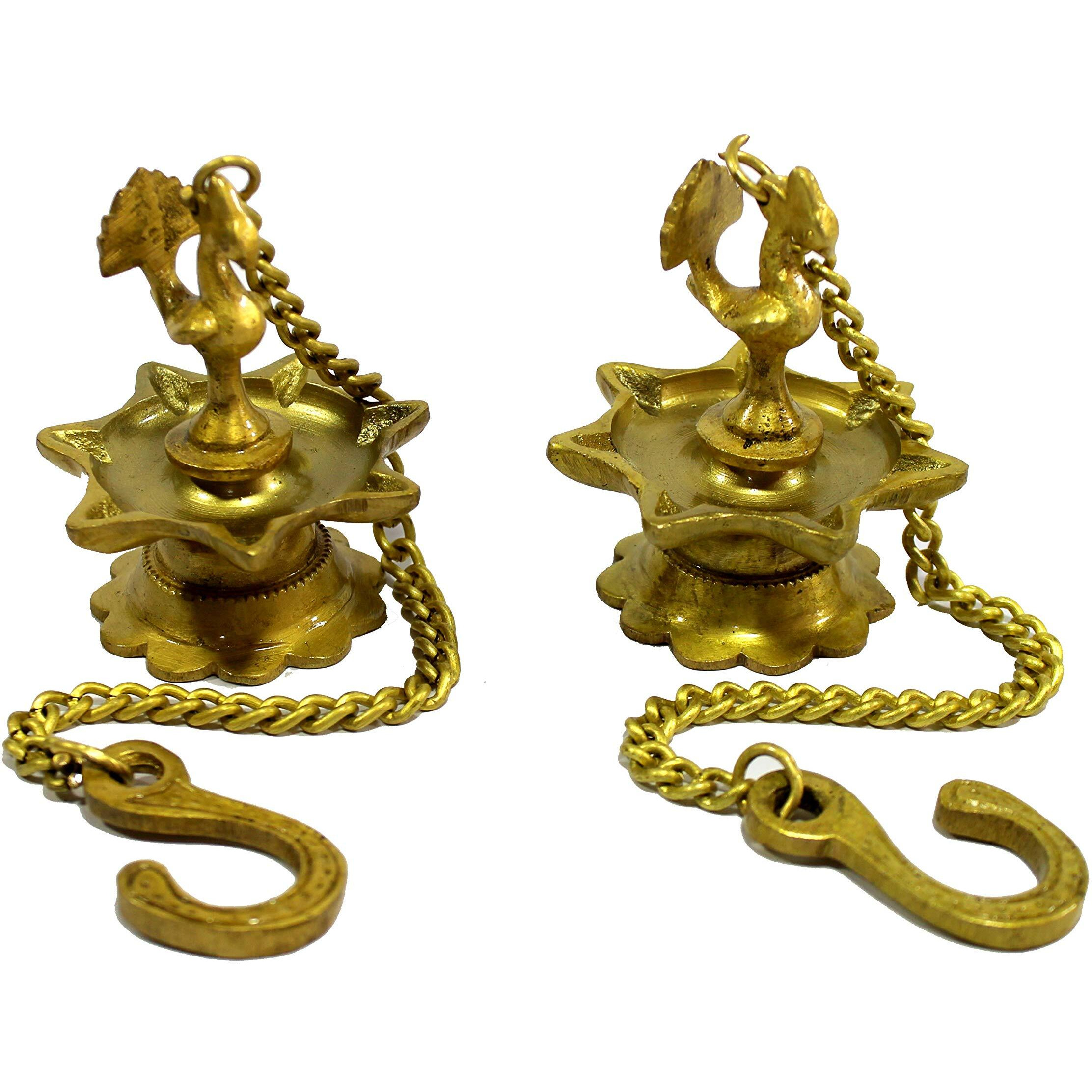 ESPLANADE Brass Peacock Wall Hanging Diya Oil Lamp with Chain - Set of 2 - 3.5 Inches (H) Small - Golden