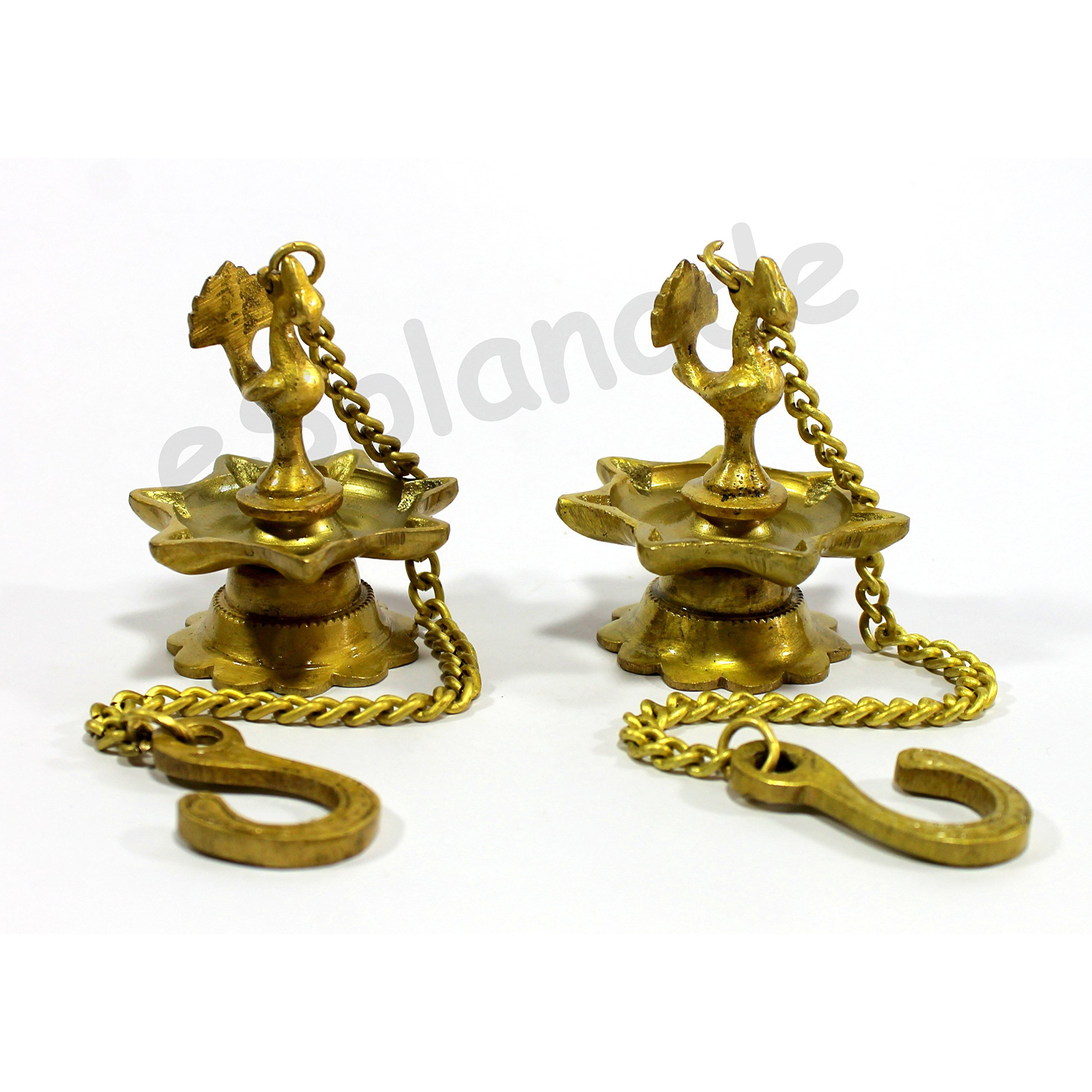 ESPLANADE Brass Peacock Wall Hanging Diya Oil Lamp with Chain - Set of 2 - 3.5 Inches (H) Small - Golden