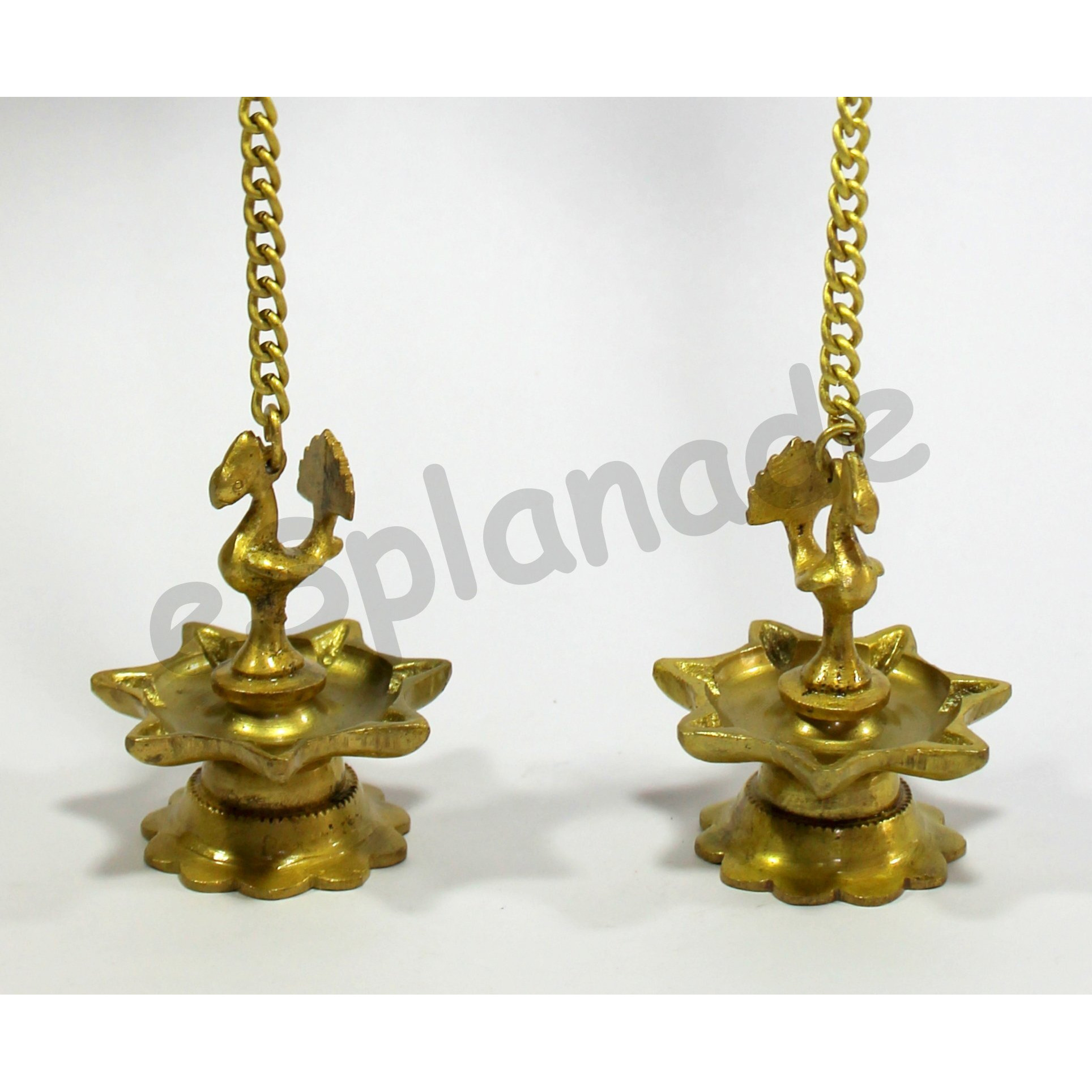 ESPLANADE Brass Peacock Wall Hanging Diya Oil Lamp with Chain - Set of 2 - 3.5 Inches (H) Small - Golden