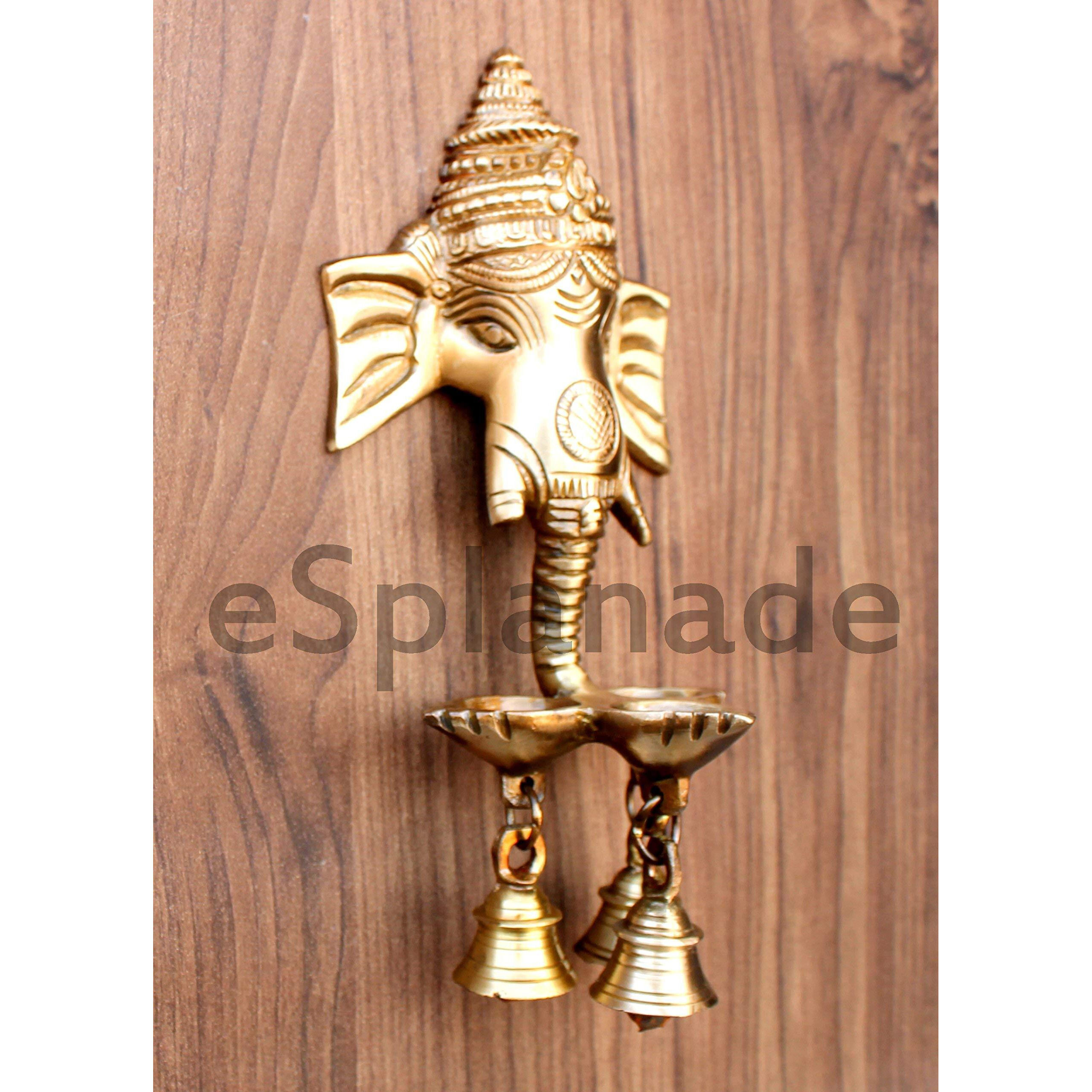 eSplanade Brass Ganesha Ganesh Wall Hanging Diya Deepak with Bells Brass Deepam Oil Lamp (9.5 Inch)