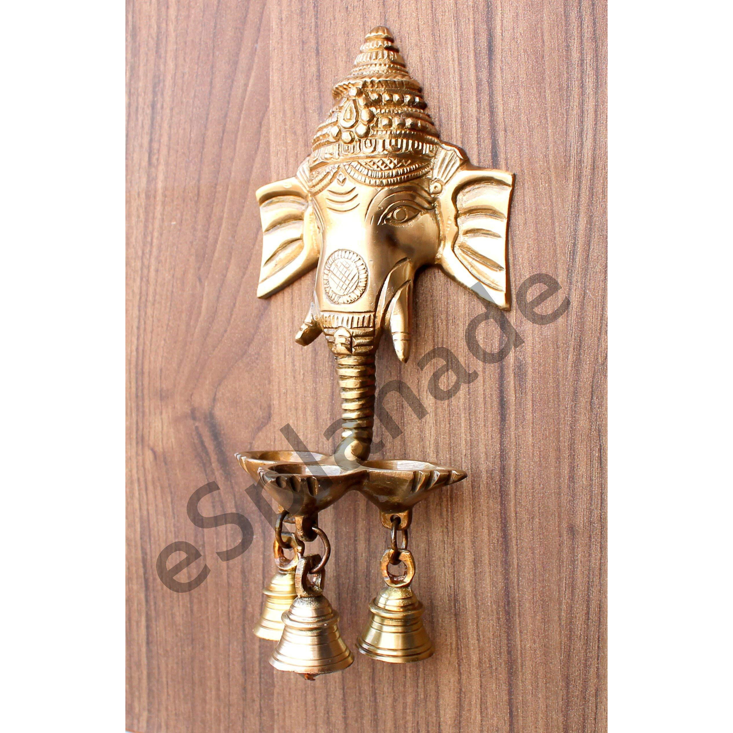 eSplanade Brass Ganesha Ganesh Wall Hanging Diya Deepak with Bells Brass Deepam Oil Lamp (9.5 Inch)