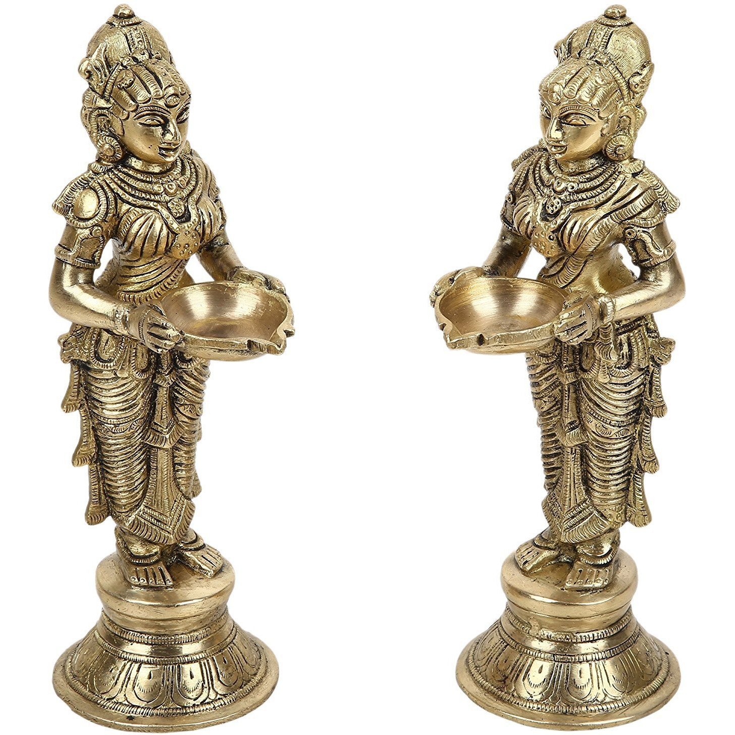 ARTVARKO Brass Metal Deep Laxmi Pair Meenakshi Devi Figurine Pair Holding Oil Diya for Pooja Mandir Temple Home Decor Diwali Deepam Dipak (Height 9 Inch, Gold, Standard Size)