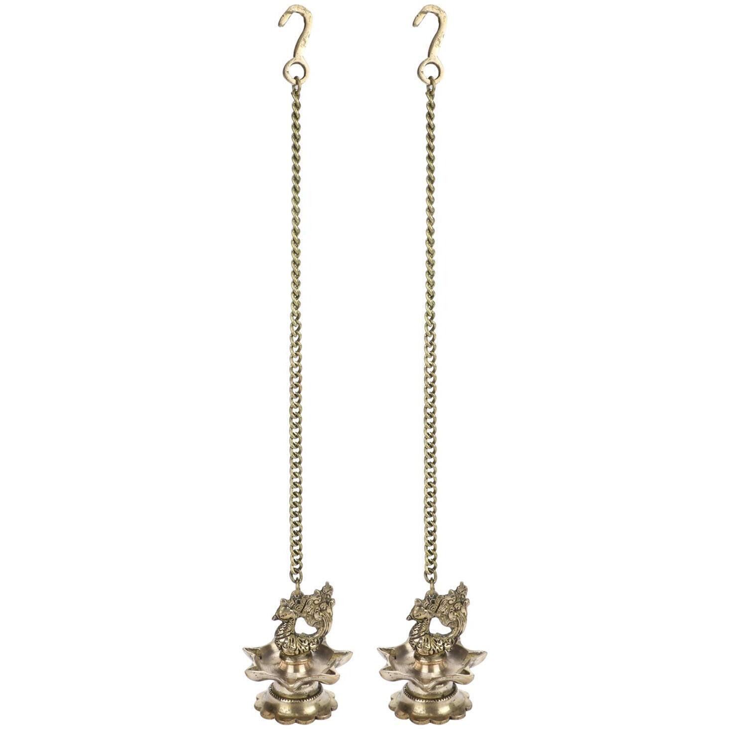 Artvarko Brass Hanging Peacock Diya Pair with Chain Deepak Deepam Hanger Large Oil Lamp 16 Inches