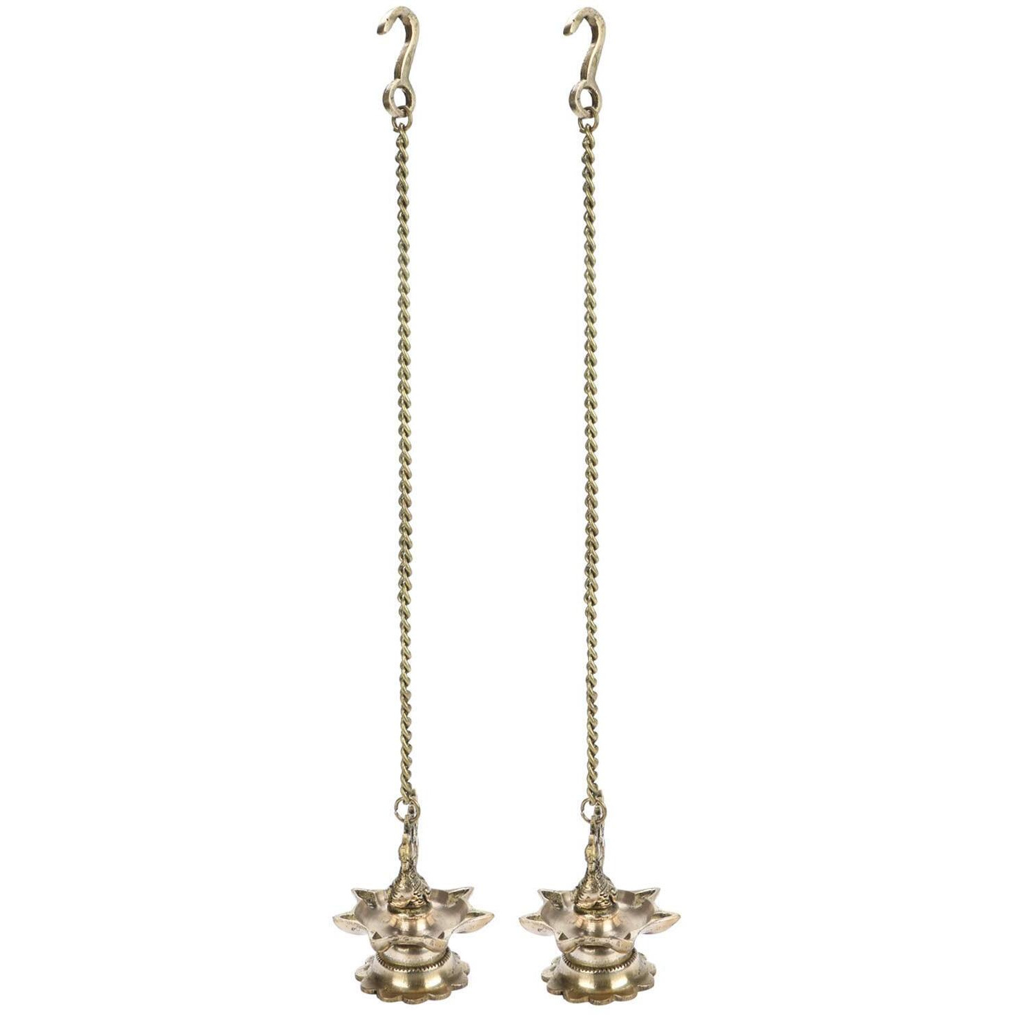 Artvarko Brass Hanging Peacock Diya Pair with Chain Deepak Deepam Hanger Large Oil Lamp 16 Inches