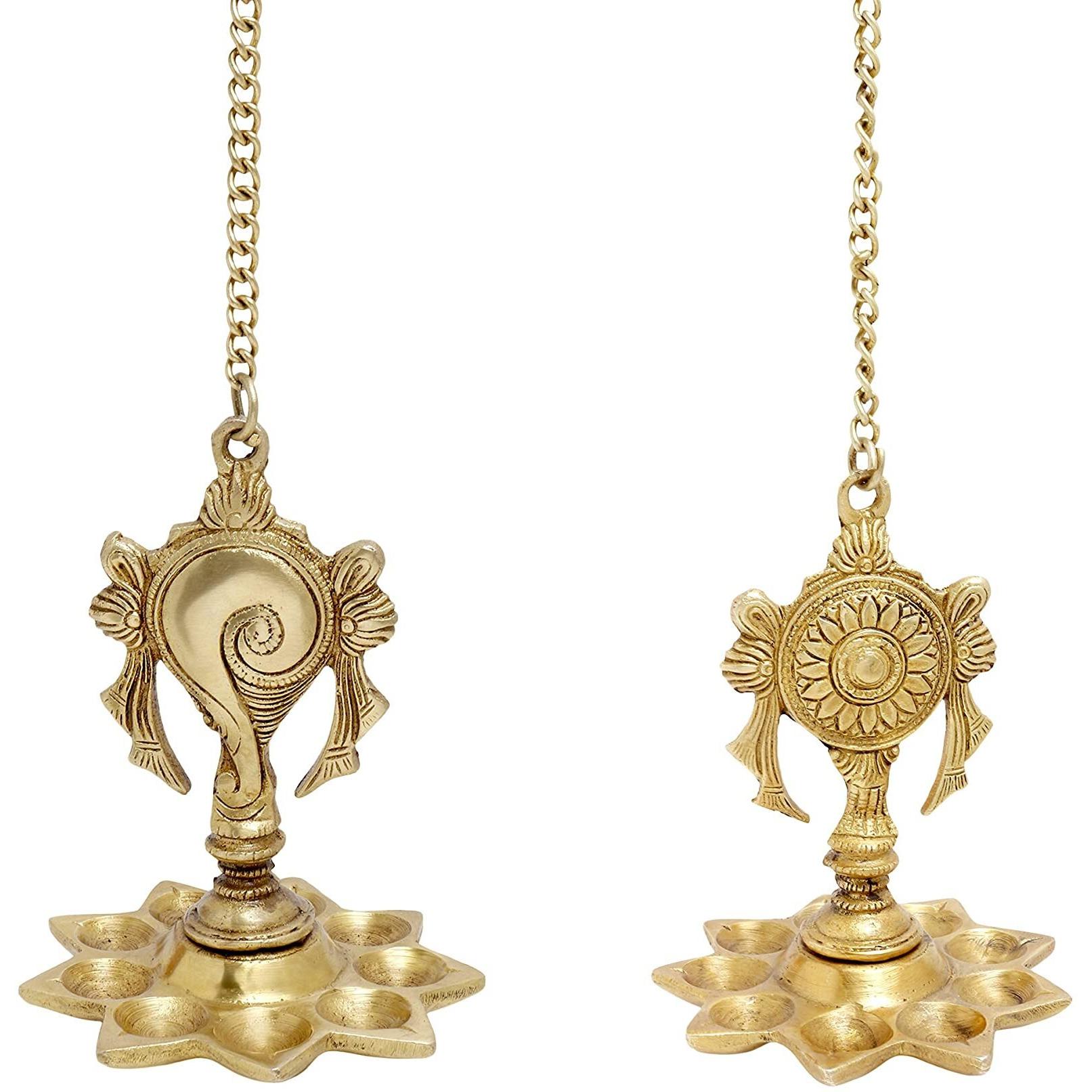 CRAFTHUT Brass Hanging Diya Nila Vilakku, Gada Chakra Gada Chakra Padmanabha Swami Vishnu Tirupati with 9 Diya Slots - Weight - 1.4 Kgs, Set of 2