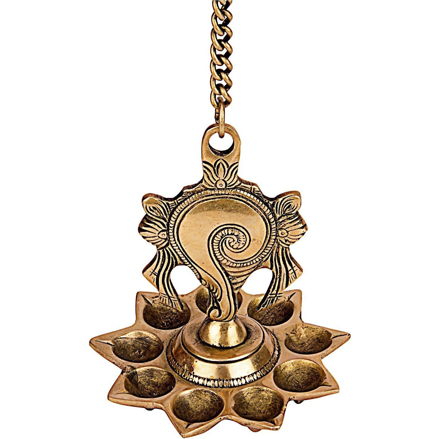 CRAFTHUT Brass Hanging Diya Nila Vilakku, Gada Chakra Gada Chakra Padmanabha Swami Vishnu Tirupati with 9 Diya Slots - Weight - 1.4 Kgs, Set of 2