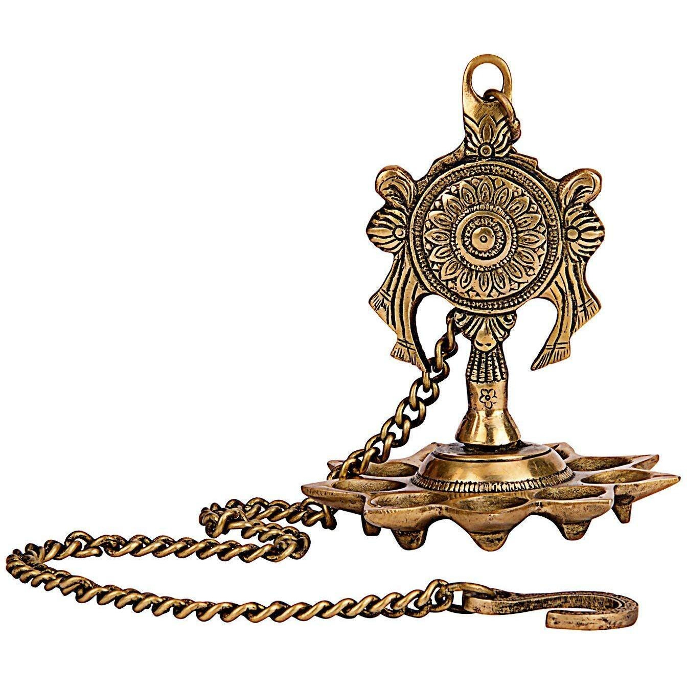 CRAFTHUT Brass Hanging Diya Nila Vilakku, Gada Chakra Gada Chakra Padmanabha Swami Vishnu Tirupati with 9 Diya Slots - Weight - 1.4 Kgs, Set of 2