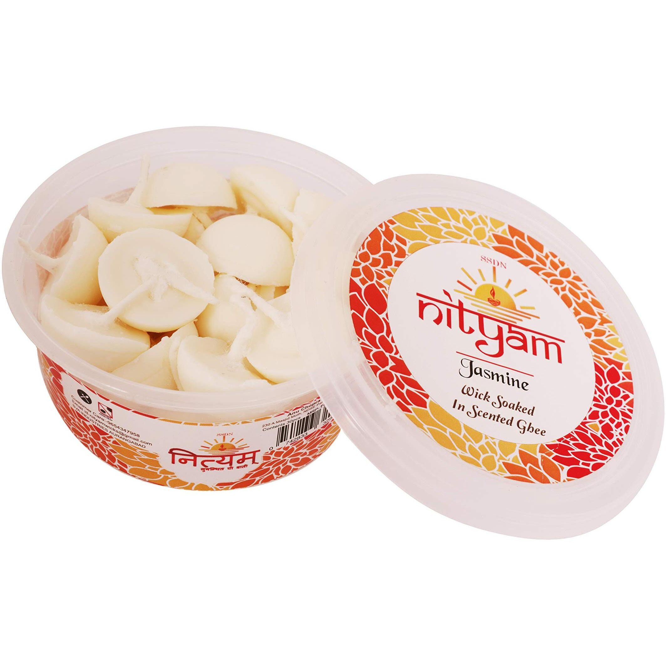 Nityam Jasmine Fragrance Wick Soaked in Scented ghee Ghee Wicks/Readymade Ghee Cotton Wicks/Diya Batti/Puja Batti/Jyot Batti (1 X 30 Pieces) (Pack of 1)