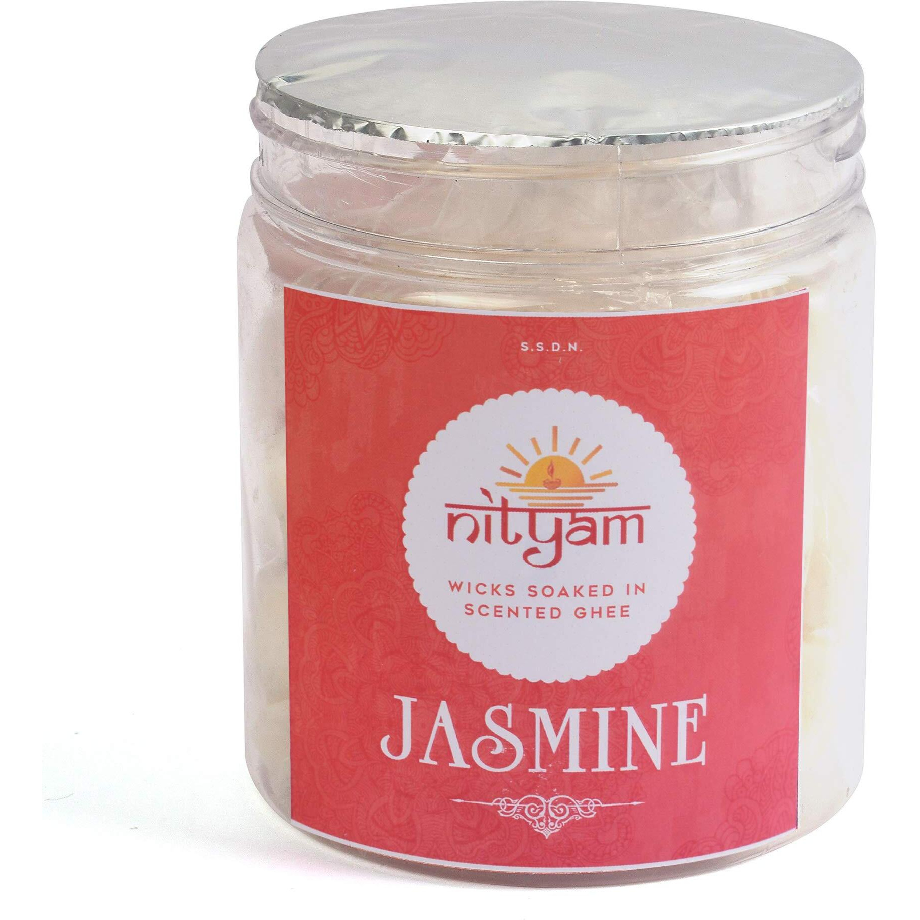 Nityam Jasmine Fragrance Wax Free Scented Wick Soaked in Scented Ghee Ghee Wicks/Readymade Ghee Cotton Wicks/Diya for Pooja/Puja Batti (1 X 50 Pieces) (Pack of 2)