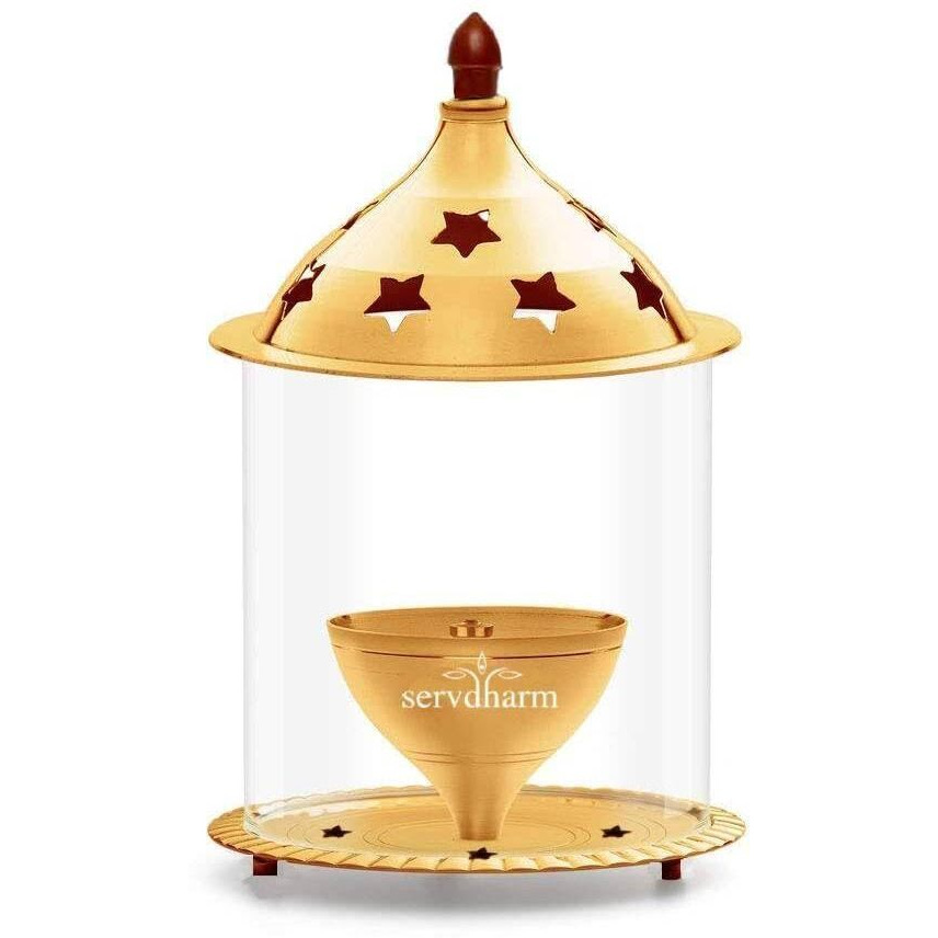 ServDharm Brass Akhand Diya with Borosilate Glass (6.7 Inches,17 Cms )