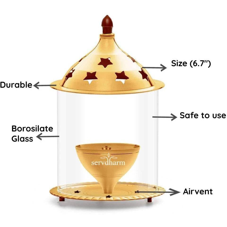 ServDharm Brass Akhand Diya with Borosilate Glass (6.7 Inches,17 Cms )