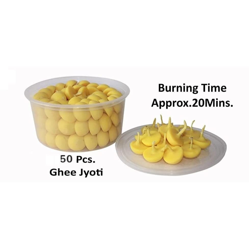 Om Phool Batti Cow Ghee Diya for Puja, 50 Pieces, Wax Free Vegan Ghee Batti/Wicks/Jyot for Puja Aarti, (Pack of 1, Yellow, 50 pcs)