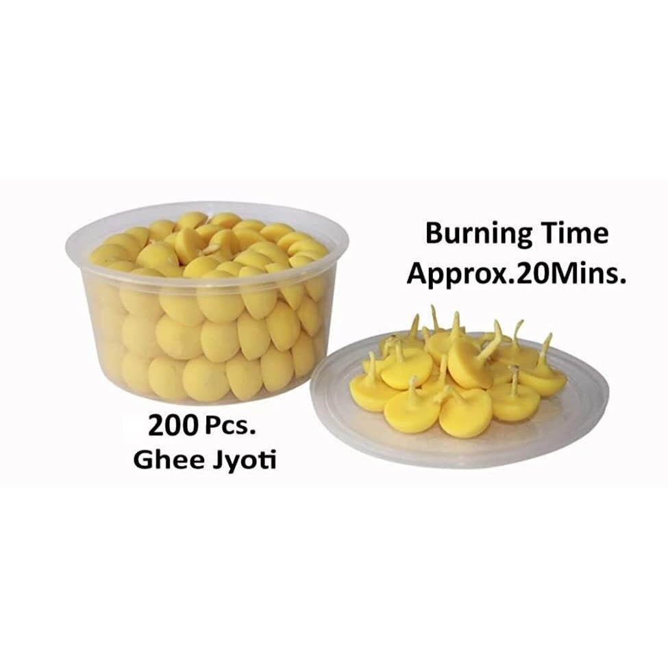 Om Phool Batti Cow Ghee Diya for Puja, 200 Pieces, Wax Free Vegan Ghee Batti/Wicks/Jyot for Puja Aarti, (Pack of 1, Yellow, 200 Pcs)