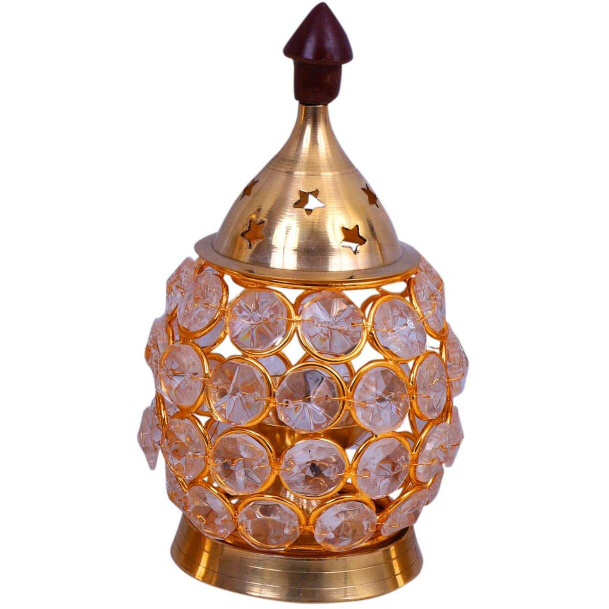 Collectible India Akhand Diya Decorative Brass Crystal Oil Lamp Tea Light Holder Lantern Oval Shape | Puja Lamp (X-Large)