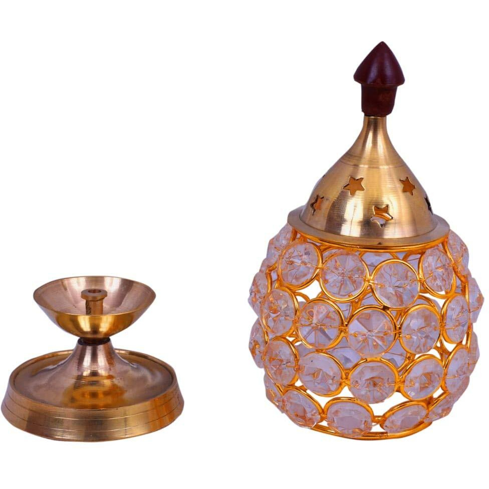 Collectible India Akhand Diya Decorative Brass Crystal Oil Lamp Tea Light Holder Lantern Oval Shape | Puja Lamp (X-Large)