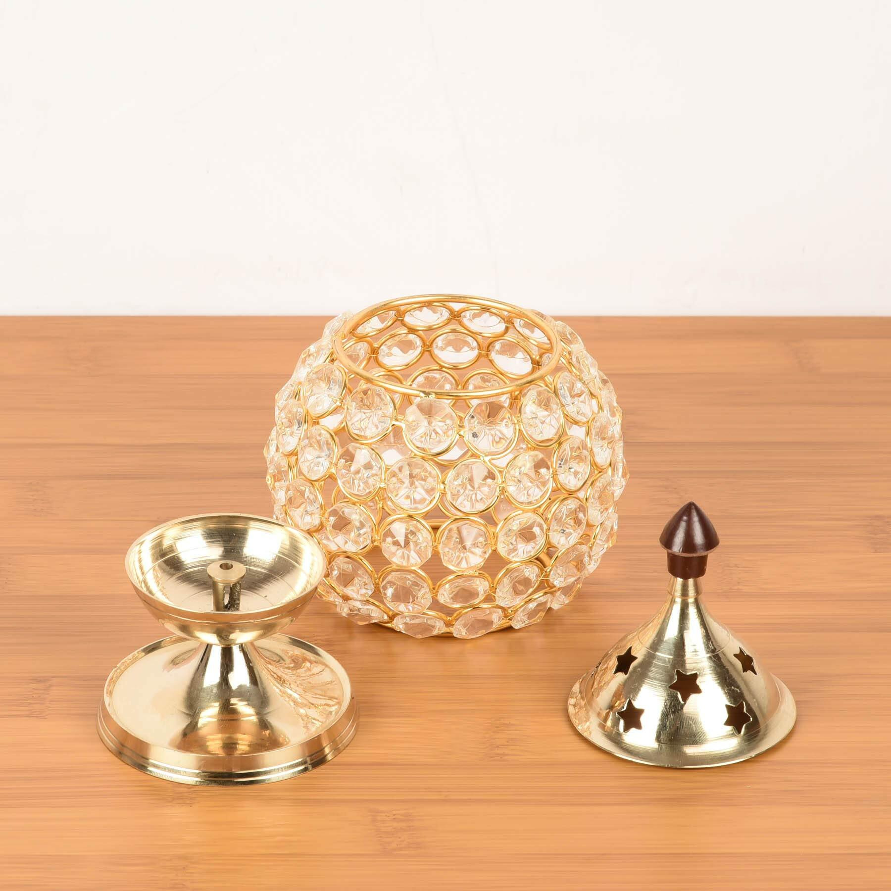 Collectible India Brass Akhand Diya for Puja Decorative Crystal Oil Lamp Tea Light Holder Lantern Oval Shape Diwali Lights for Decoration (Medium)