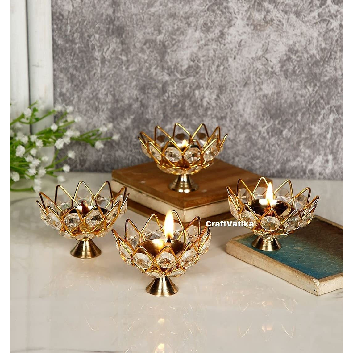 Collectible India Diwali Diya Crystal Round Akhand Diya for Puja Brass Small Kamal Deep Jyoti Oil Lamp for Home Temple Pooja Decor Gifts Pack of 4