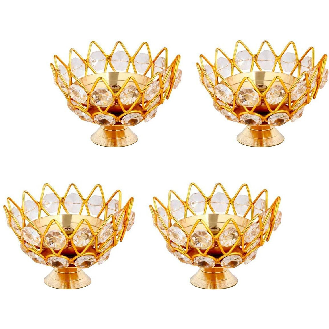 Collectible India Diwali Diya Crystal Round Akhand Diya for Puja Brass Small Kamal Deep Jyoti Oil Lamp for Home Temple Pooja Decor Gifts Pack of 4