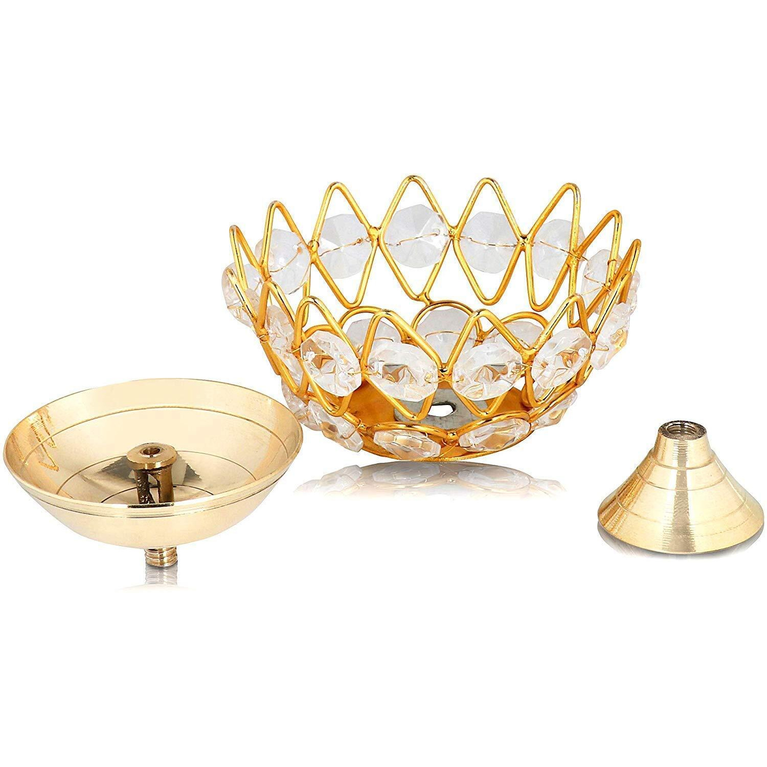 Collectible India Diwali Diya Crystal Round Akhand Diya for Puja Brass Small Kamal Deep Jyoti Oil Lamp for Home Temple Pooja Decor Gifts Pack of 4